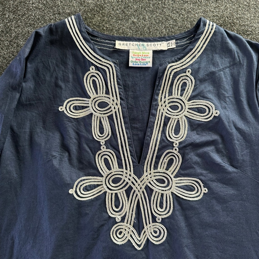 Gretchen Scott Navy Blue Cotton Soutache Embroidered Tunic Top XS